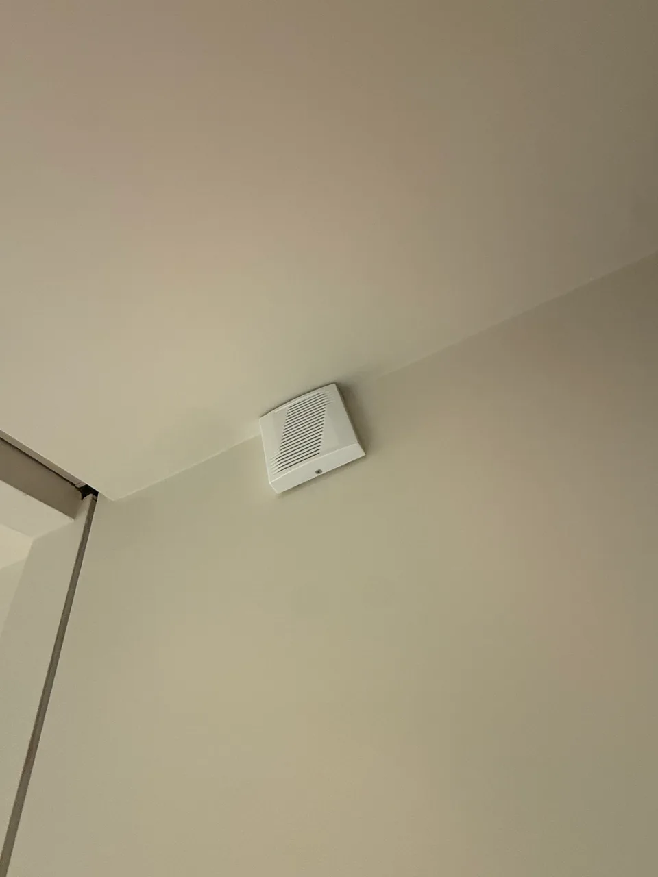 White internal alarm sounder mounted near the ceiling